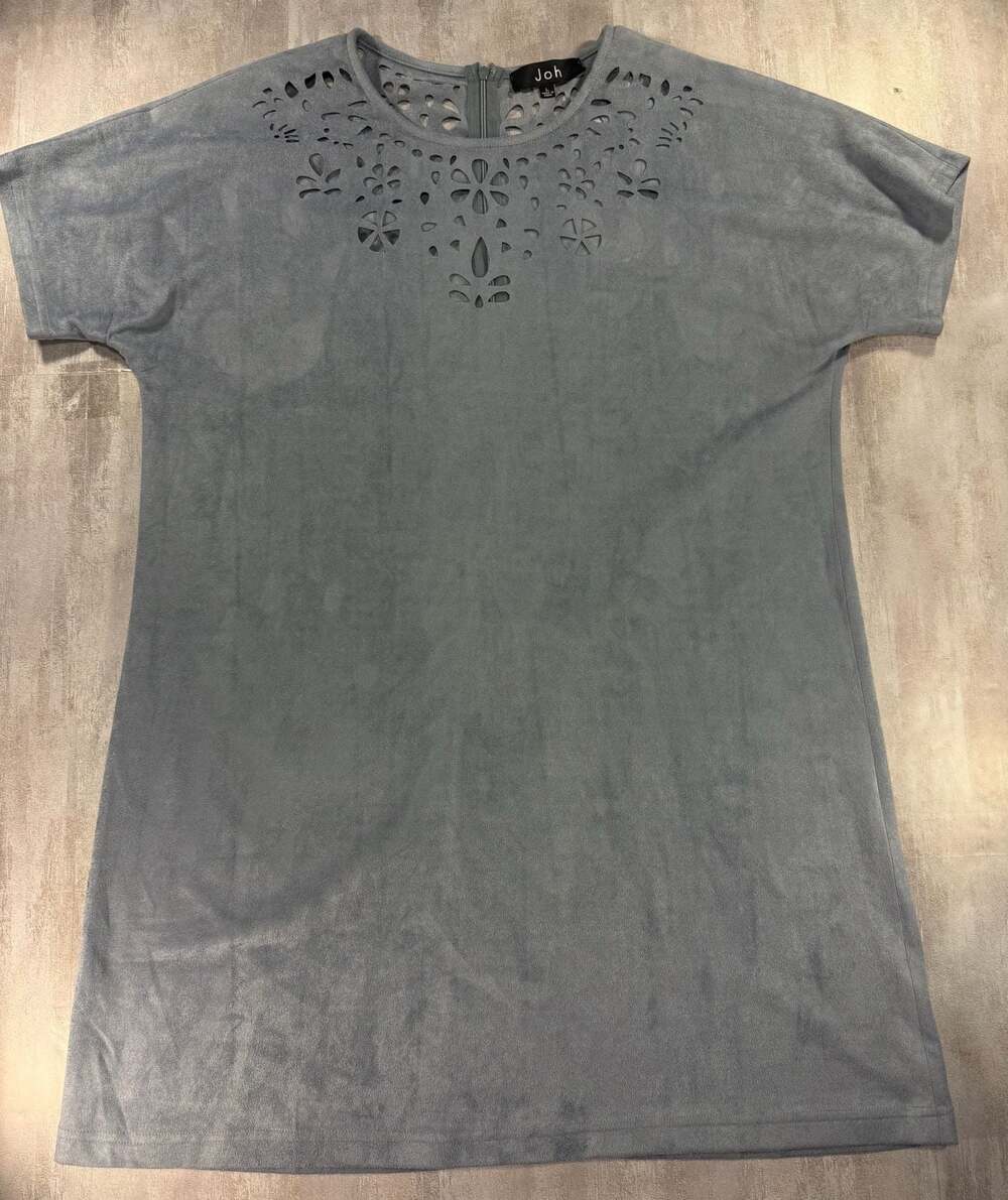 Joh Faux Suede Laser Cut Floral Eyelet Mini Dress in Dusty Blue Size Large‎